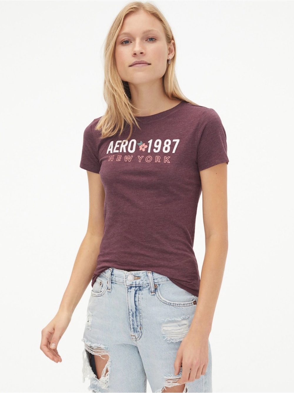 Aeropostale T-Shirt Women M Burgundy AERO 1987 New York Graphic Tee Crew Jersey